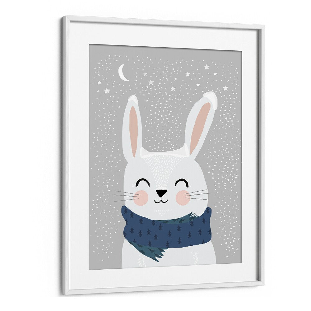 Snow Bunny by Treechild Kids Paintings in White Frame With Mount