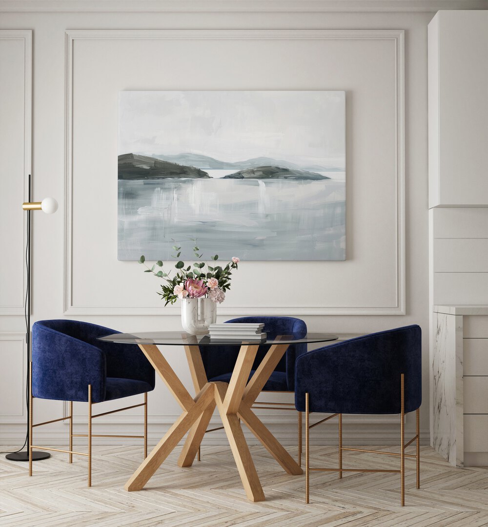 Snowy Breakers Beach Prints Coastal Wall Art in Gallery Wrap placed on a wall behind a dining table