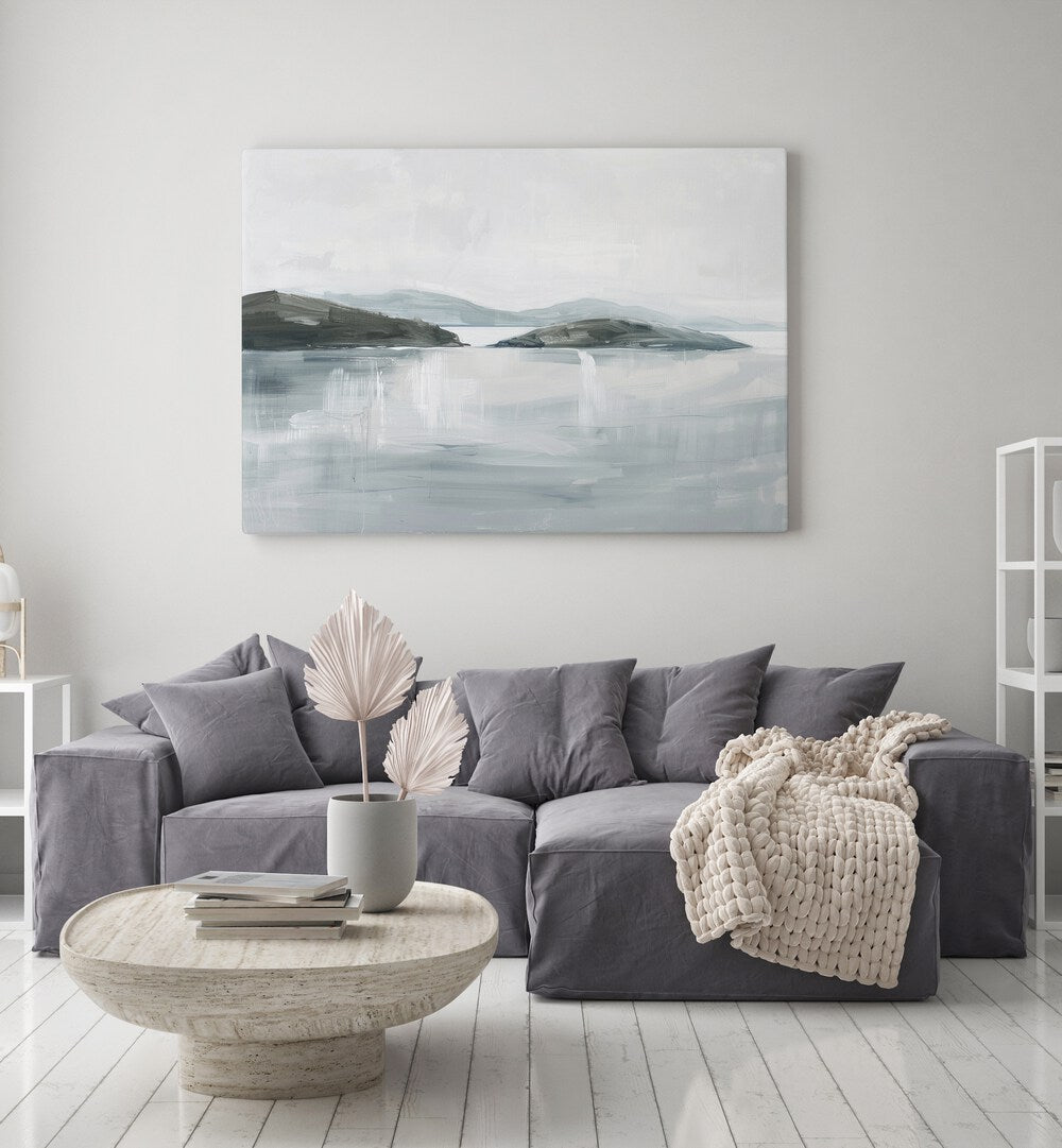 Snowy Breakers Beach Prints Coastal Wall Art in Gallery Wrap placed on a wall behind a sofa 