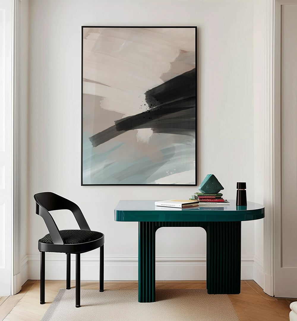 Soft Hues Abstract by Nilesh Kulkarni Abstract Paintings Abstract Art Print in Black Plain Frame placed on a wall behind a study table