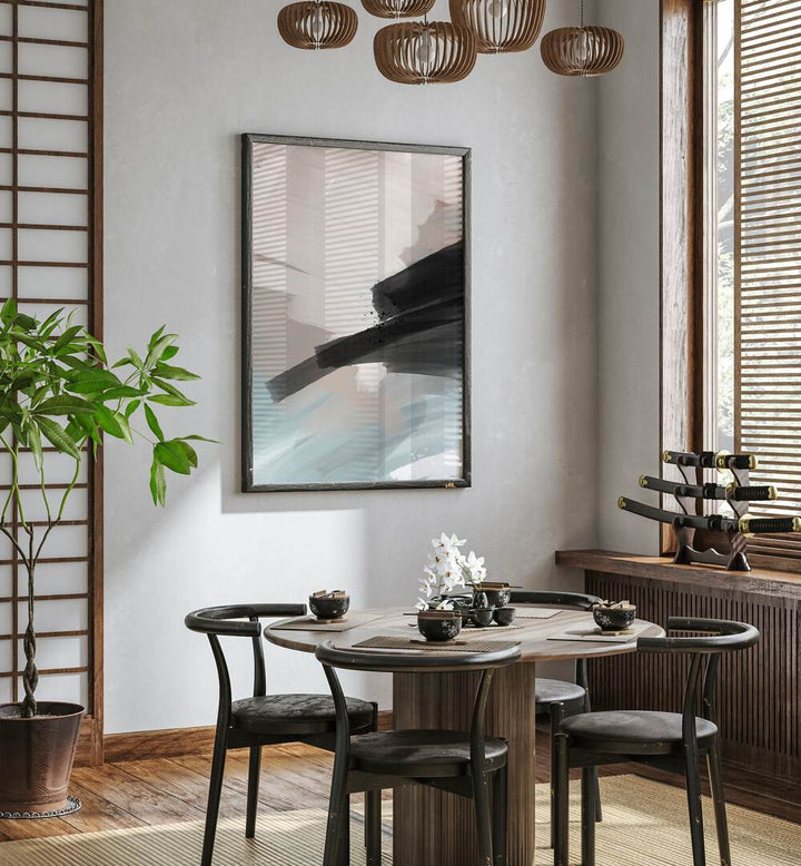 Soft Hues Abstract by Nilesh Kulkarni Abstract Paintings Abstract Art Print in Black Plain Frame placed on a dining area wall behind a dining table and beside a window