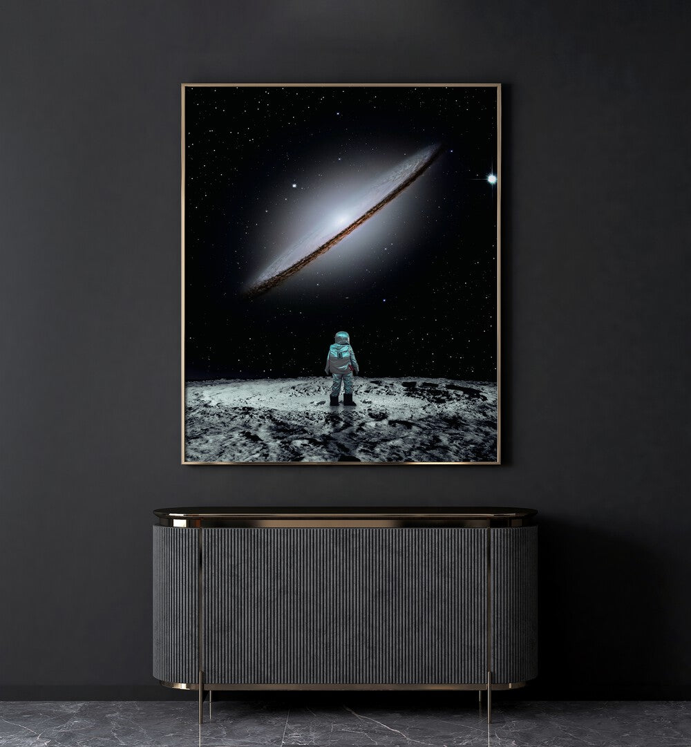 Sole Survivor By Ritvik Takkar Surrealism in Gold Plain Frame placed on a Dark Grey Colored Wall above a Console Table in the Drawing Room