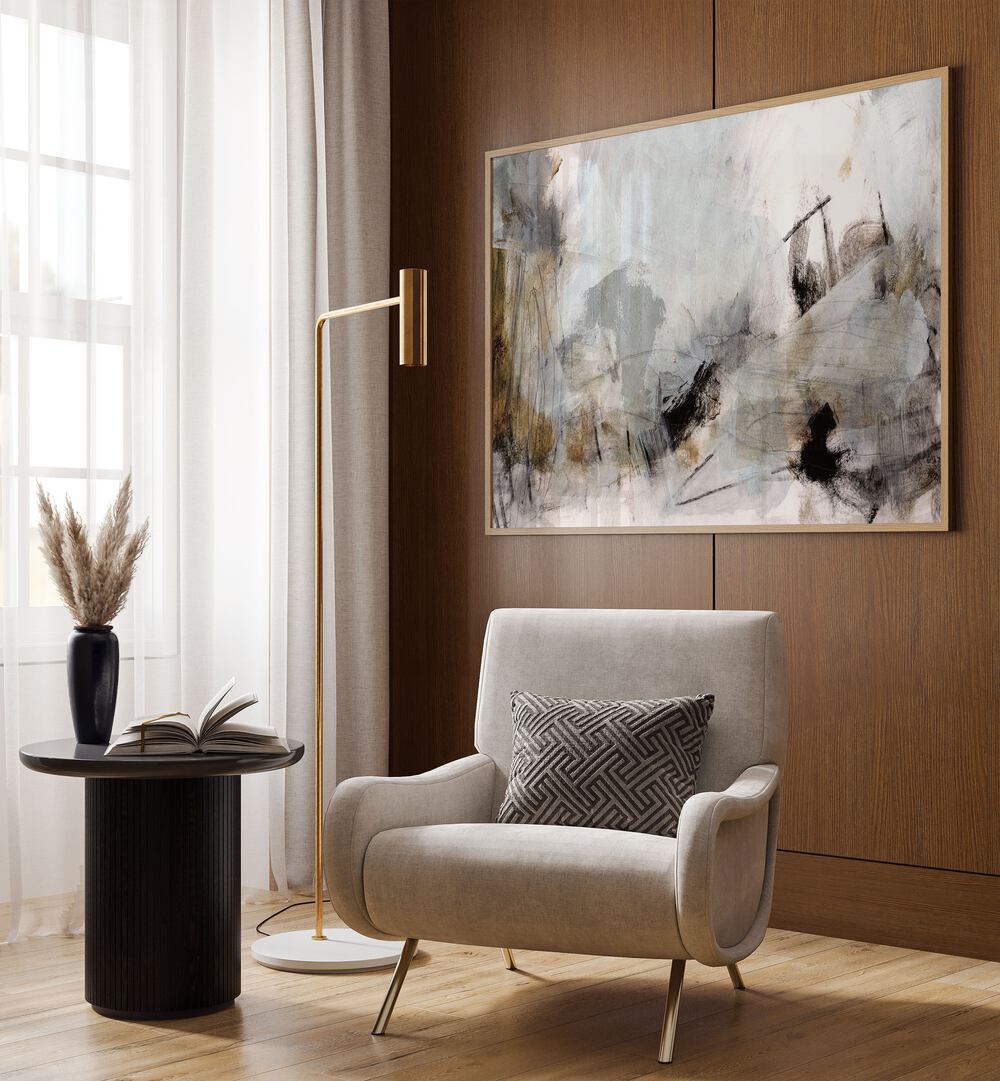 Solthom By Dan Hobday Abstract Art Abstract Paintings in Oak Wood Plain Frame placed on a wooden textured wall in the Drawing Room