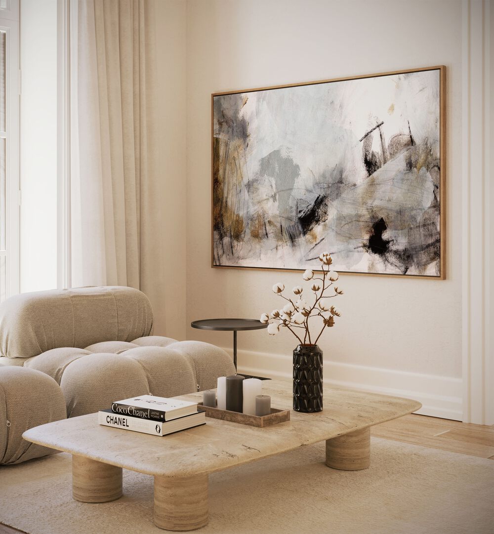 Elegant living room featuring SOLTHOM, ABSTRACT PAINTINGS by Dan Hobday, enhancing contemporary art aesthetics.