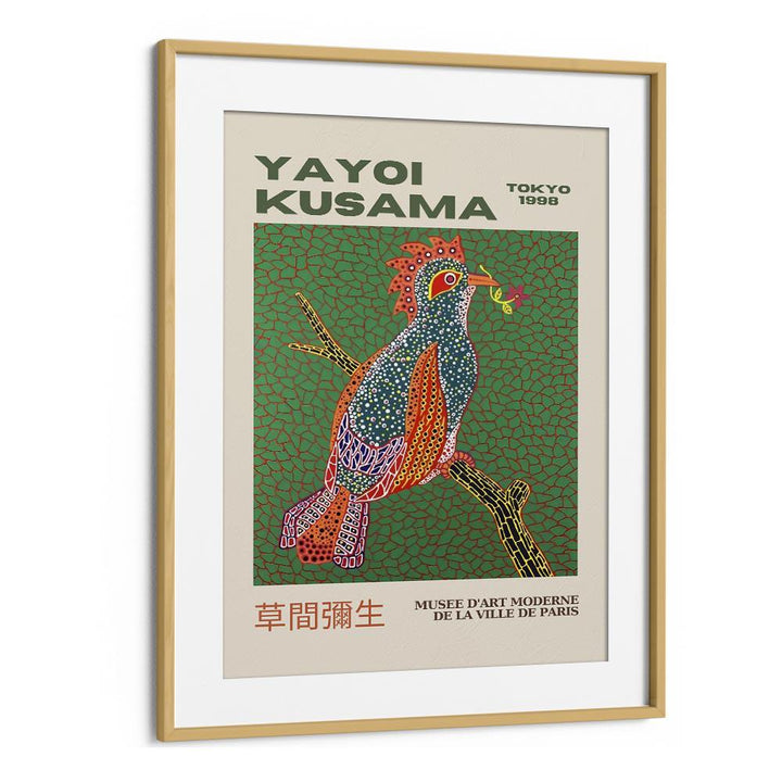 Song Bird By Yayoi Kusama Japanese Vintage Paintings in Oak Wood Frame With Mount