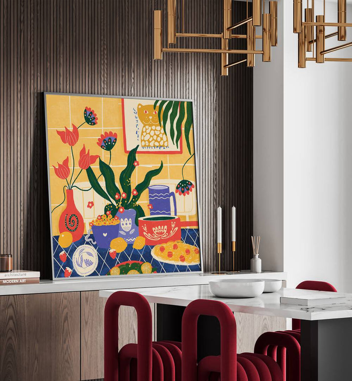 Sookie by Shriya Bhattacharya Kitchen Art in Black Plain Frame on a console table behind a dining table