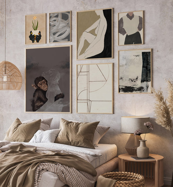 Contemporary SOUL IN STROKES, GALLERY WALLS set featuring seven art pieces in natural oak frames, perfect for modern decor.