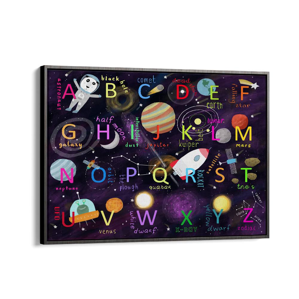 Space Alphabet Illustration By Carla Daly Kids Painting in Black Floater Frame