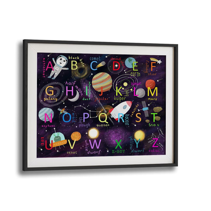 Space Alphabet Illustration By Carla Daly Kids Painting in Black Frame With Mount