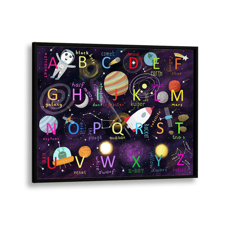 Space Alphabet Illustration By Carla Daly Kids Painting in Black Plain Frame