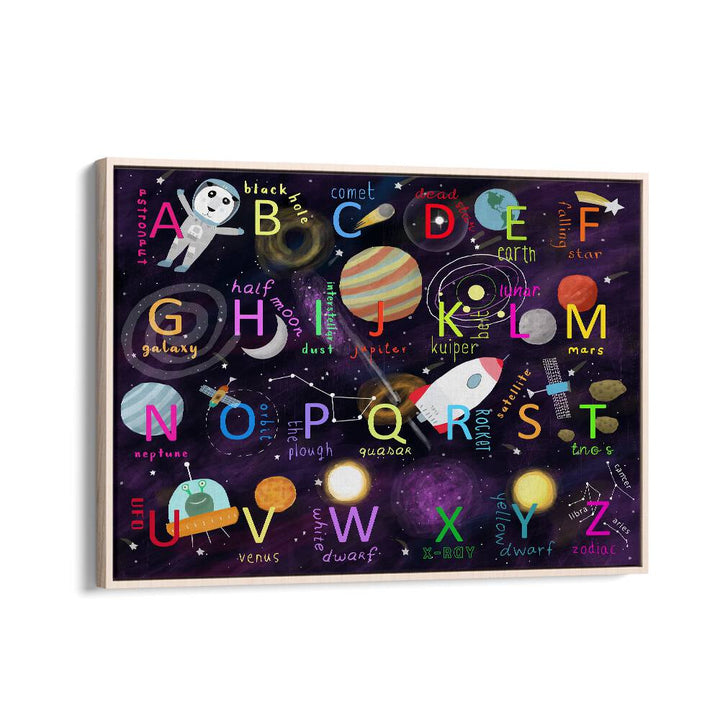 Space Alphabet Illustration By Carla Daly Kids Painting in Oak Wood Floater Frame