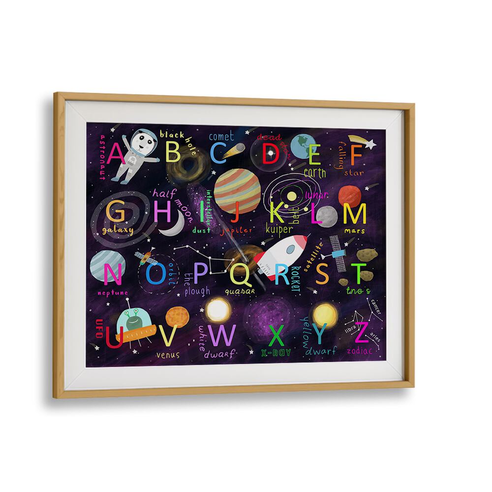 Space Alphabet Illustration By Carla Daly Kids Painting in Oak Wood Frame With Mount