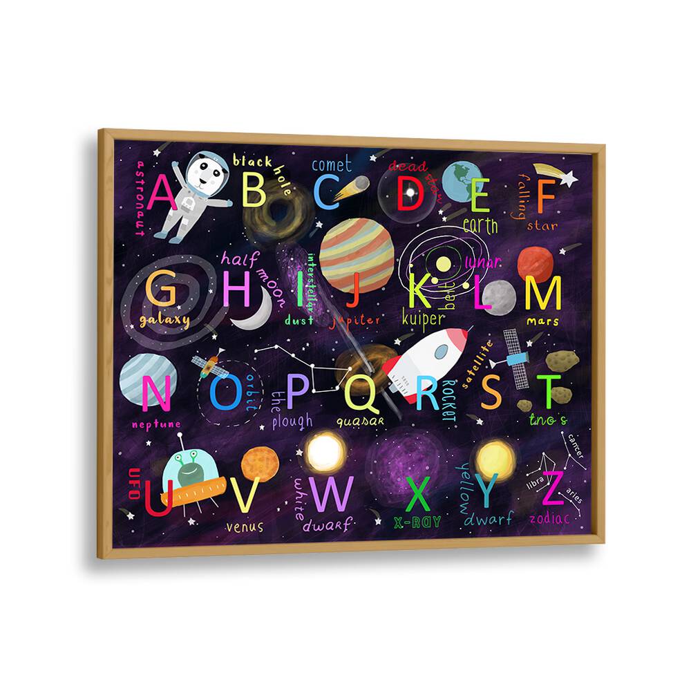 Space Alphabet Illustration By Carla Daly Kids Painting in Oak Wood Plain Frame