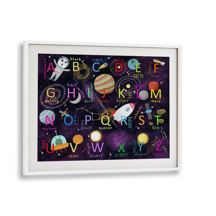 Space Alphabet Illustration By Carla Daly Kids Painting in White Frame With Mount