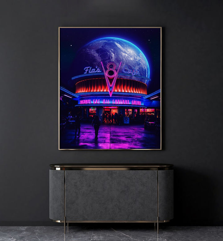 Space Cafe By Ritvik Takkar Surreal Art Prints in Gold Plain Frame placed on a Dark Grey Colored Wall above a Console Table in the Drawing Room