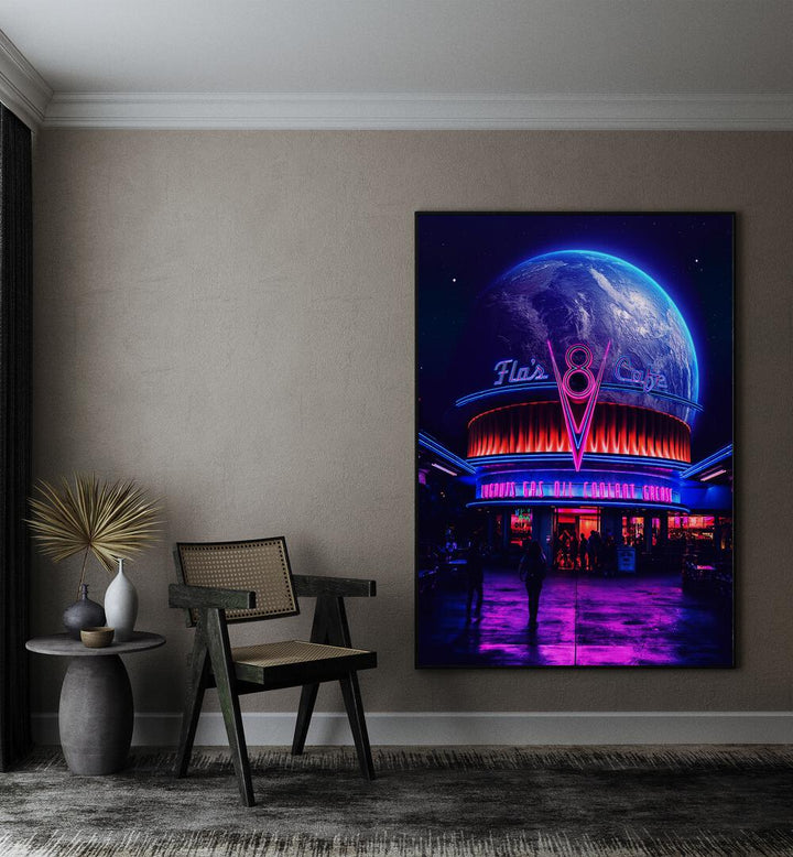 Space Cafe By Ritvik Takkar Surreal Art Prints in Black Plain Frame placed on a Beige Colored Wall in the Drawing Room