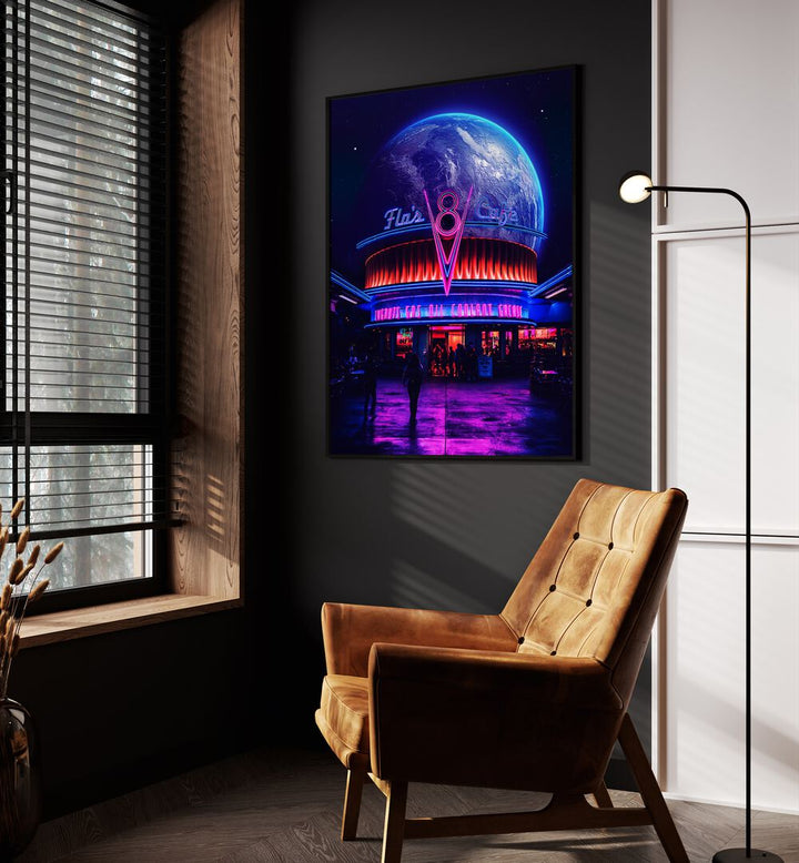 Space Cafe By Ritvik Takkar Surreal Art Prints in Black Plain Frame placed on a Dark Grey Colored Wall in the Drawing Room