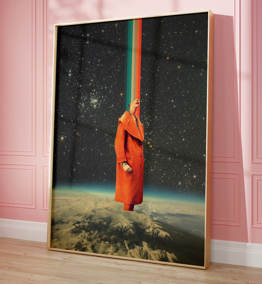 Space Colour By Frank Moth Surreal Art Prints Surrealism in Oak Wood Plain Frame placed on a floor 