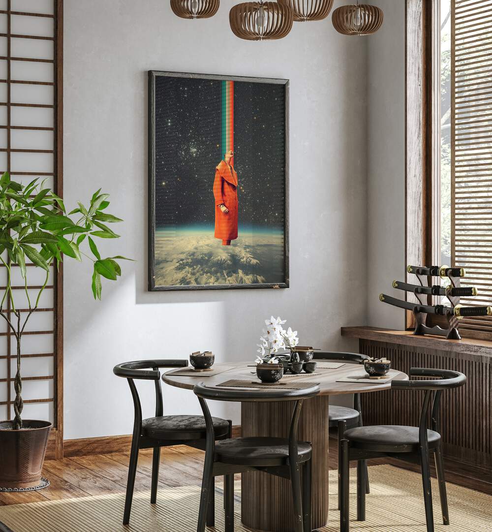 Space Colour By Frank Moth Surreal Art Prints Surrealism in Black Plain Frame placed on a wall behind a dining table