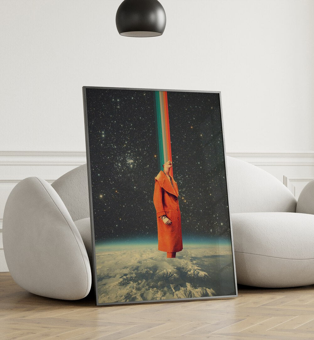 Space Colour By Frank Moth Surreal Art Prints Surrealism in Black Plain Frame placed on a floor beside a sofa