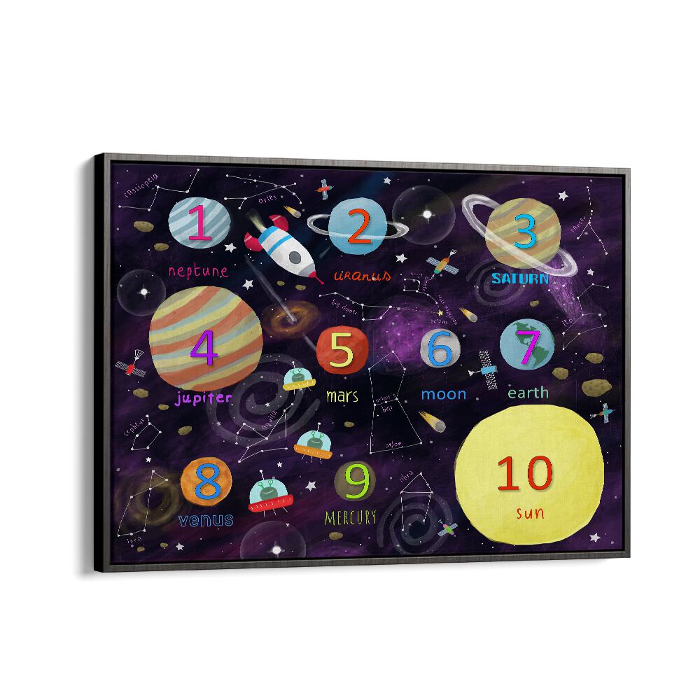 Space Counting Art By Carla Daly Kids Painting in Black Floater Frame