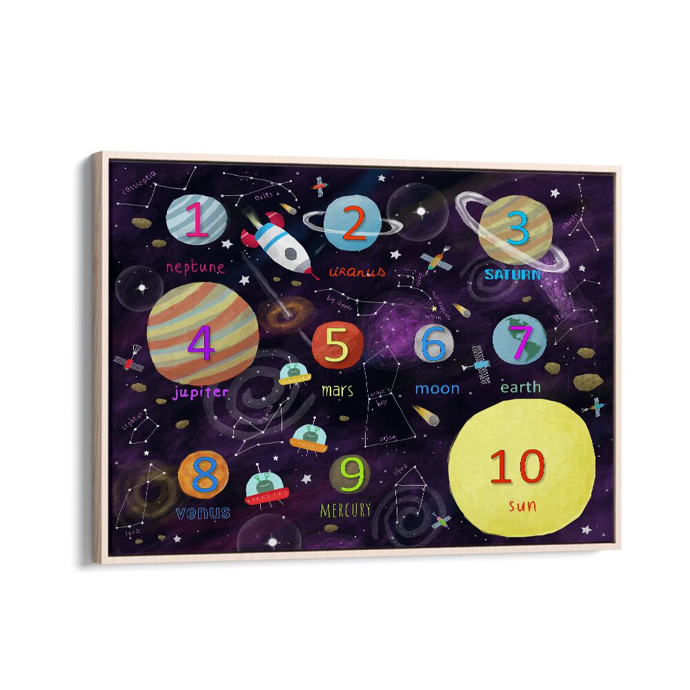 Space Counting Art By Carla Daly Kids Painting in Oak Wood Floater Frame