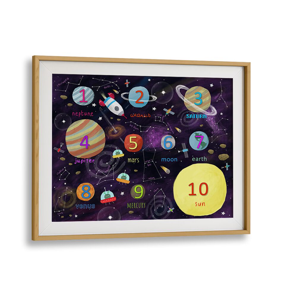 Space Counting Art By Carla Daly Kids Painting in Oak Wood Frame With Mount