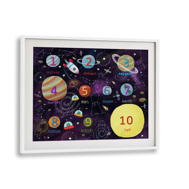 Space Counting Art By Carla Daly Kids Painting in White Frame With Mount