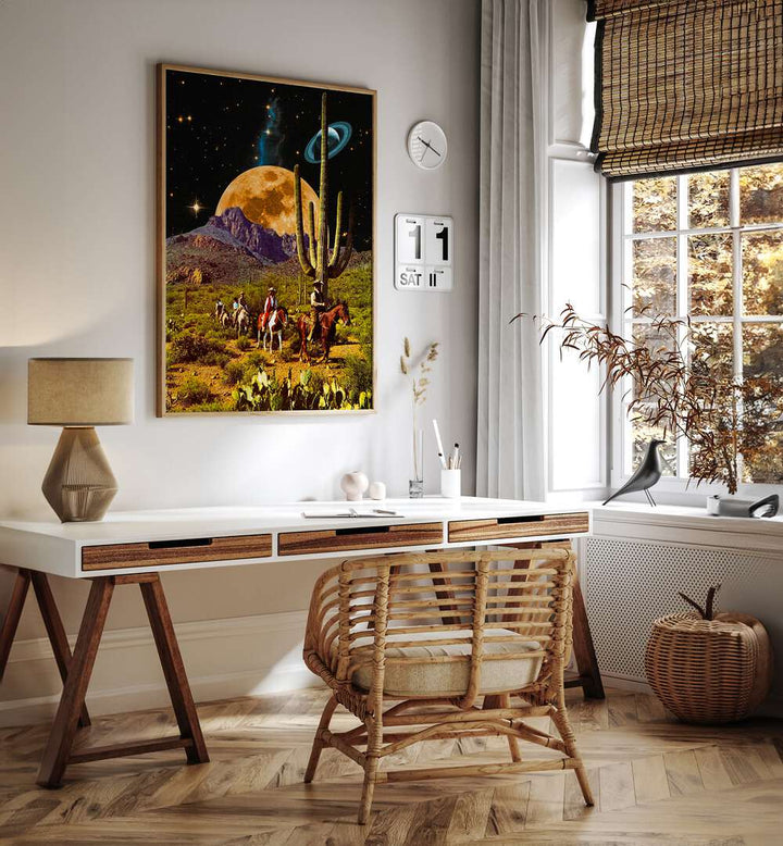 Space Cowboys Surreal Paintings Surreal Art Prints in Oak Wood Plain Frame placed on a White Colored Wall Above a Study Table near a Workspace in the Drawing Room