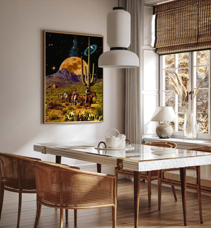 Space Cowboys Surreal Paintings Surreal Art Prints in Oak Wood Plain Frame placed on a Cream Colored Wall near a Dining Table in the Dining Room