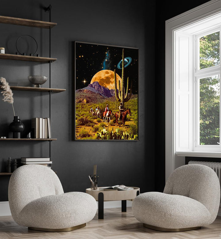 Space Cowboys Surreal Paintings Surreal Art Prints in Black Plain Frame placed on a Dark Grey Colored Wall in the Drawing Room