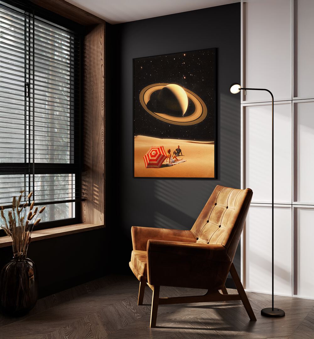 Space Date Surreal Paintings Surreal Art Prints in Black Plain Frame placed on a Dark Grey Colored Wall near a Brown Sofa Chair in the Drawing Room