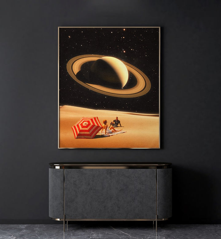 Space Date Surreal Paintings Surreal Art Prints in Gold Plain Frame placed on a Dark Grey Colored Wall above a Console Table in the Living Room