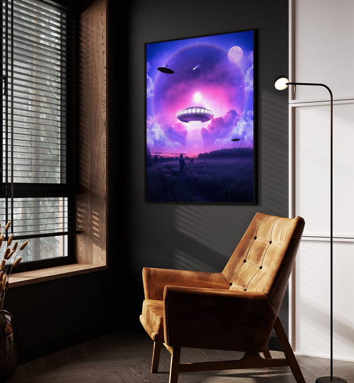 Space Drice By Ritvik Takkar Surreal Paintings in Black Plain Frame placed on a Dark Grey Colored Wall in the Drawing Room