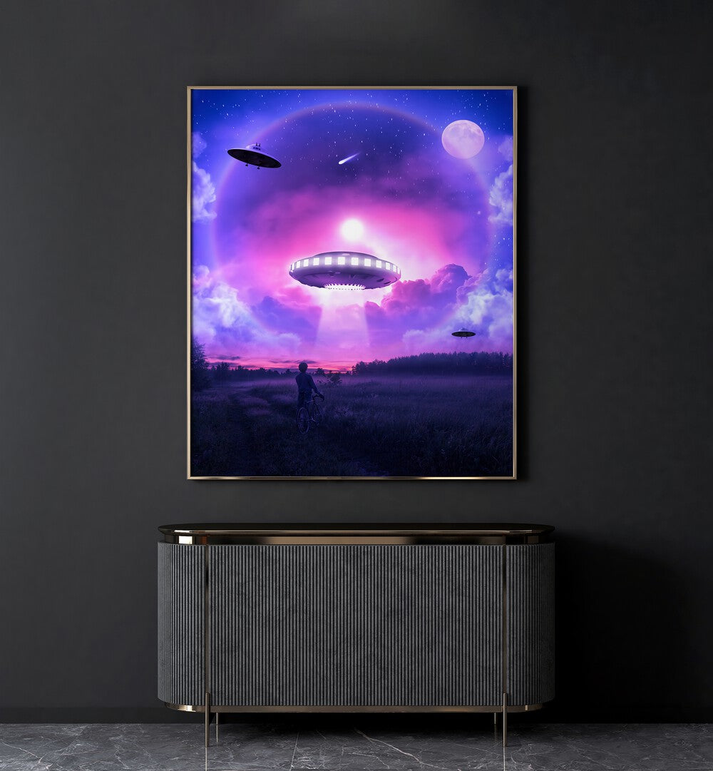 Space Drice By Ritvik Takkar Surreal Paintings in Gold Plain Frame placed on a Dark Grey Colored Wall above a Console Table in the Drawing Room