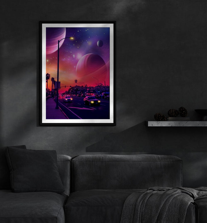 Space Drice II By Ritvik Takkar Surrealism in Black Frame With Mount placed on a Dark Grey Colored Wall near a Dark Grey Sofa in the Living Room