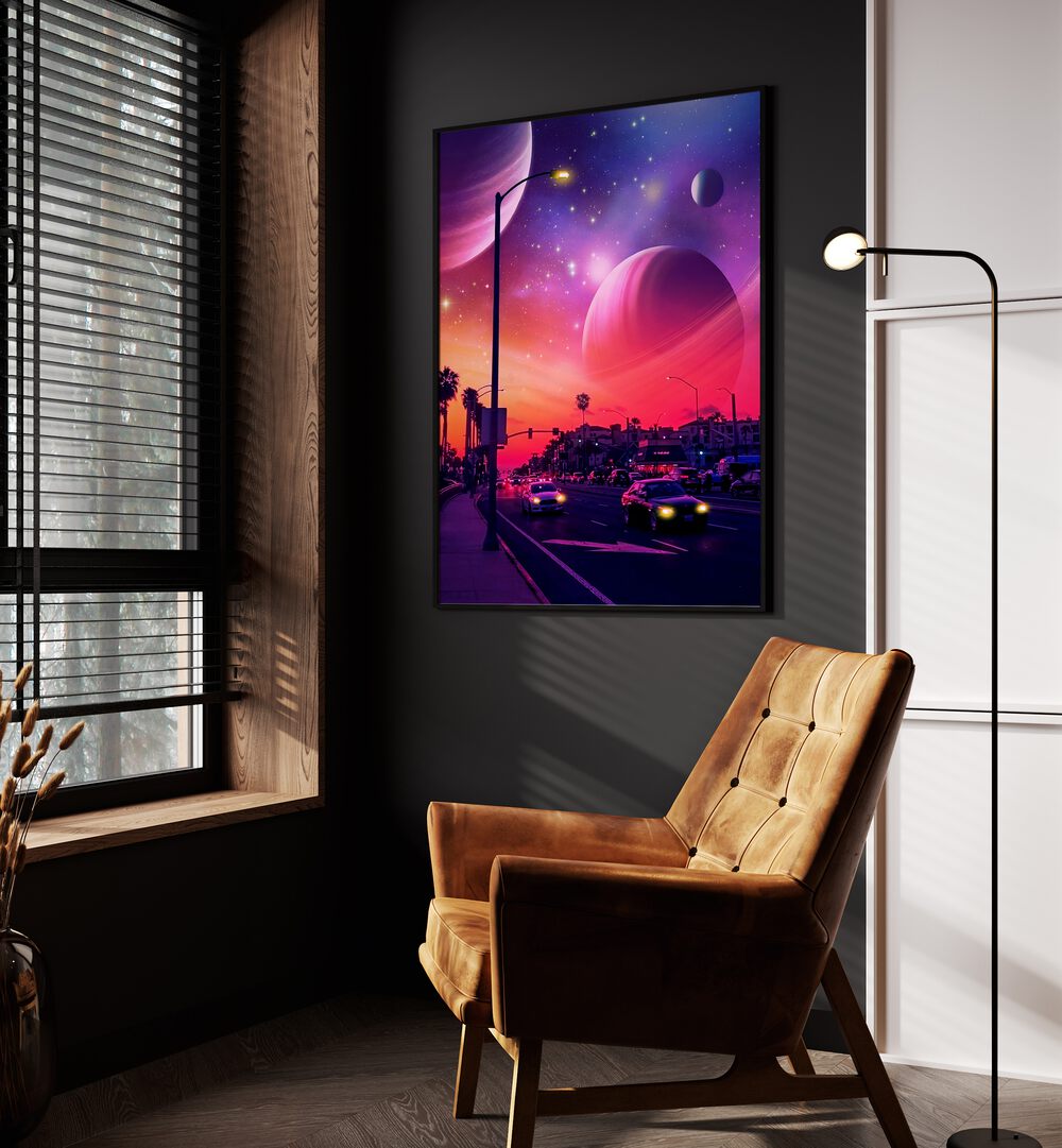 Space Drice II By Ritvik Takkar Surrealism in Black Plain Frame placed on a Dark Grey Colored Wall in the Drawing Room