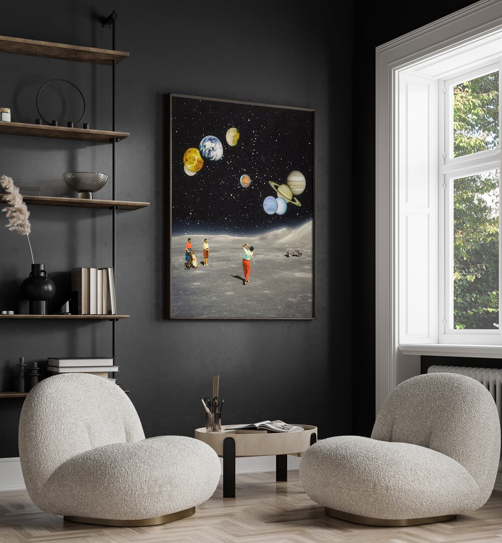 Space Golf Surreal Paintings Surreal Art Prints in Black Plain Frame placed on a Dark Grey Colored Wall in the Drawing Room