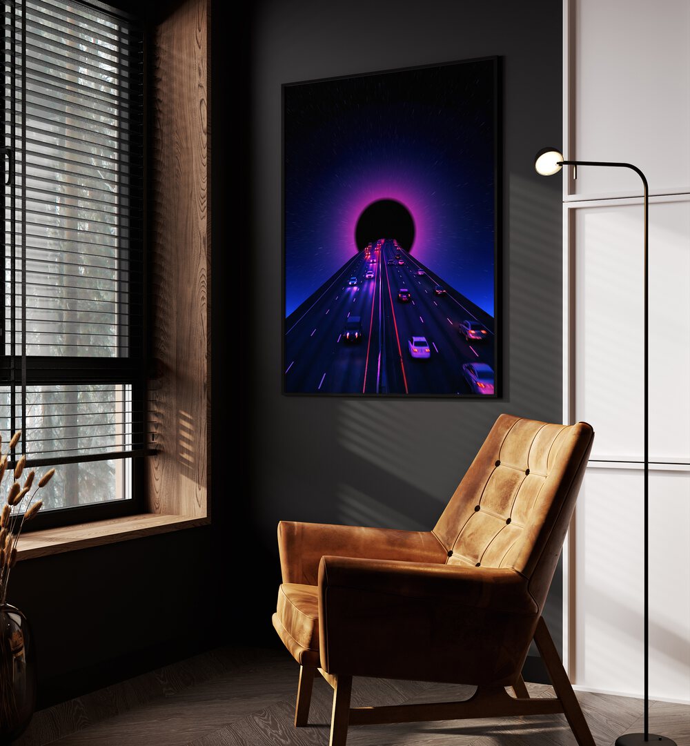 Space Highway By Ritvik Takkar Surreal Paintings in Black Plain Frame placed on a Dark Grey Colored Wall in the Drawing Room