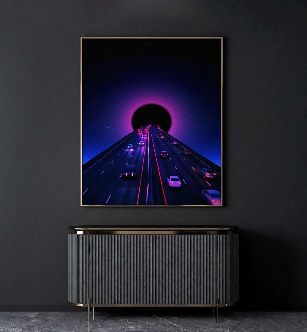 Space Highway By Ritvik Takkar Surreal Paintings in Gold Plain Frame placed on a Dark Grey Colored Wall above a Console Table in the Drawing Room