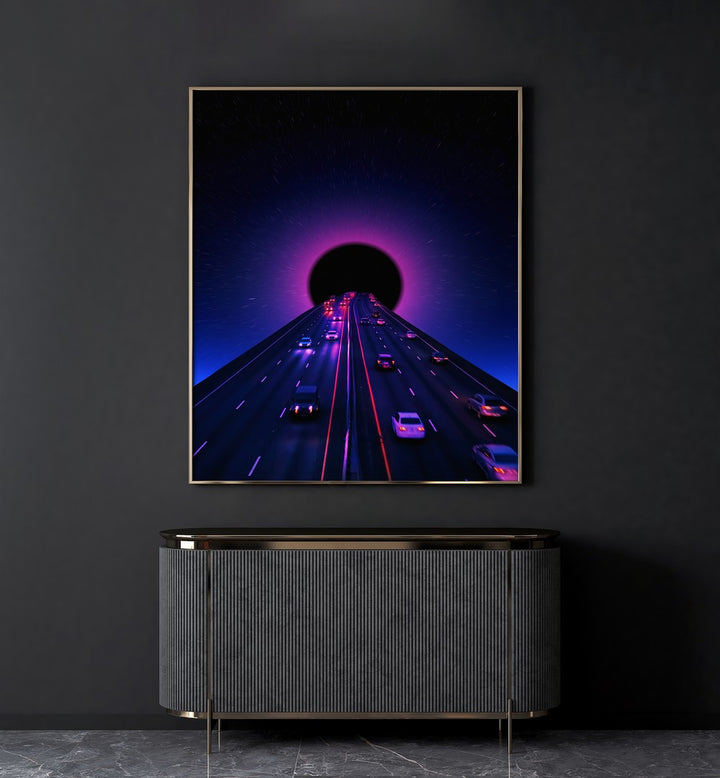 Space Highway By Ritvik Takkar Surreal Paintings in Gold Plain Frame placed on a Dark Grey Colored Wall above a Console Table in the Drawing Room