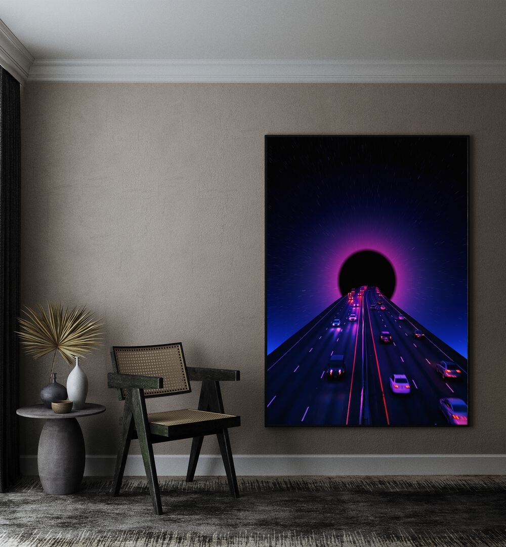 Space Highway By Ritvik Takkar Surreal Paintings in Black Plain Frame placed on a Beige Colored Wall in the Drawing Room