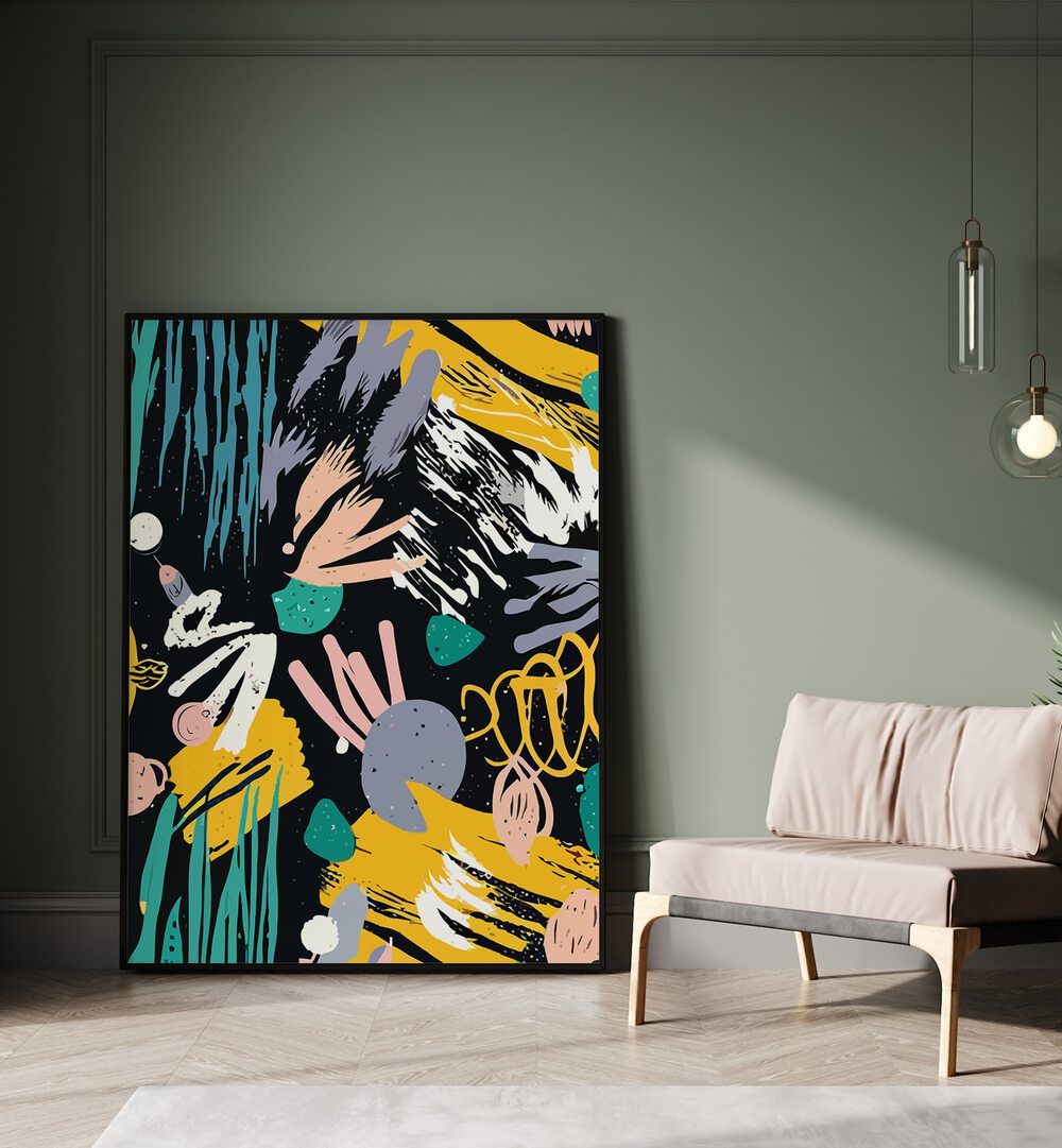 Space Odyssey By Uma Gokhale Abstract Paintings in Black Plain Frame on the floor beside a sofa