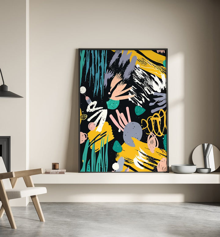 Space Odyssey By Uma Gokhale Abstract Paintings in Black Plain Frame on a shelf beside a mirror