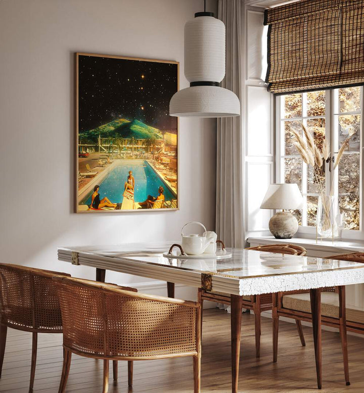 Space Pool Surreal Paintings Surreal Art Prints in Oak Wood Plain Frame placed on a Cream Colored Wall near a Dining Table in the Dining Room