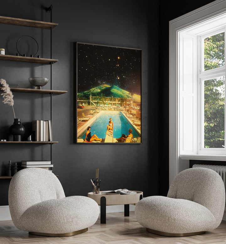 Space Pool Surreal Paintings Surreal Art Prints in Black Plain Frame placed on a Dark Grey Colored Wall in the Drawing Room