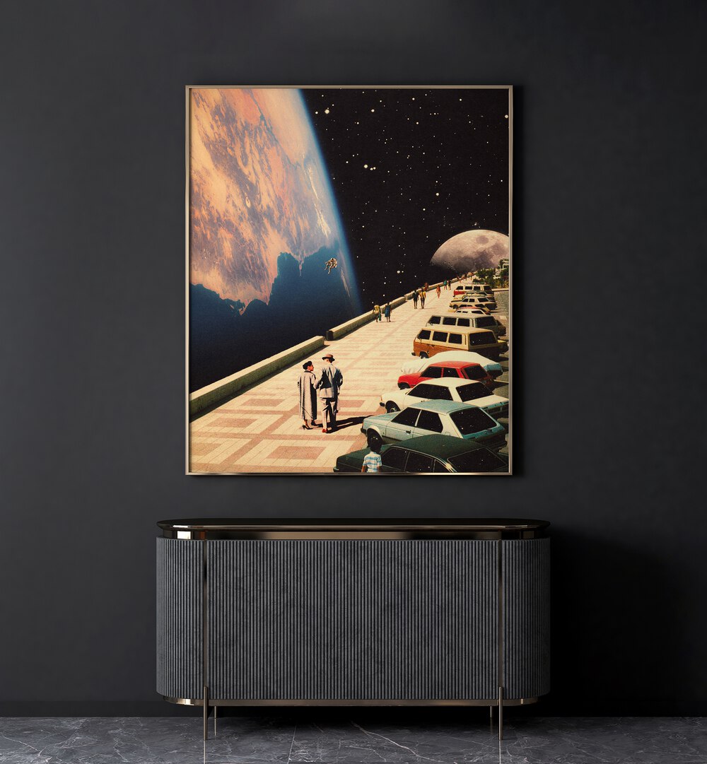 Space Promenade Surreal Paintings Surreal Art Prints in Gold Plain Frame placed on a Dark Grey Colored Wall above a Console Table  in the Drawing Room