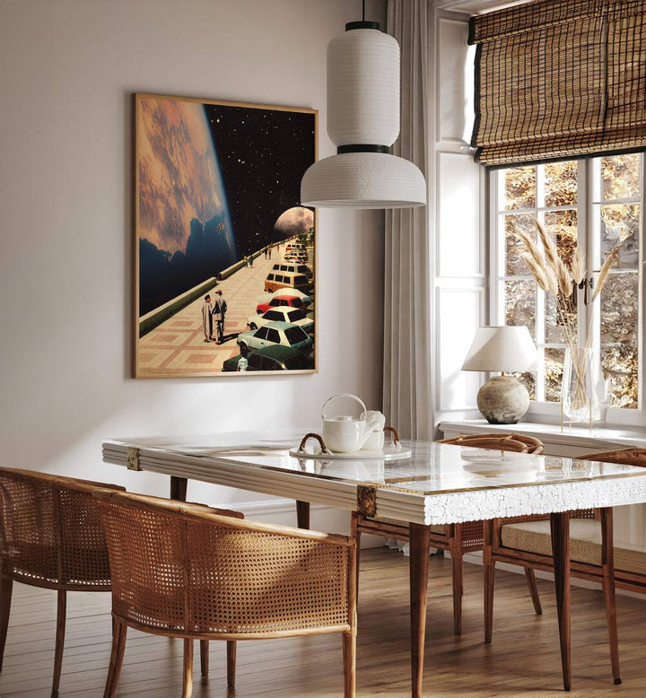 Space Promenade Surreal Paintings Surreal Art Prints in Oak Wood Plain Frame placed on a White Colored Wall near a Dining Table in the Dining Room