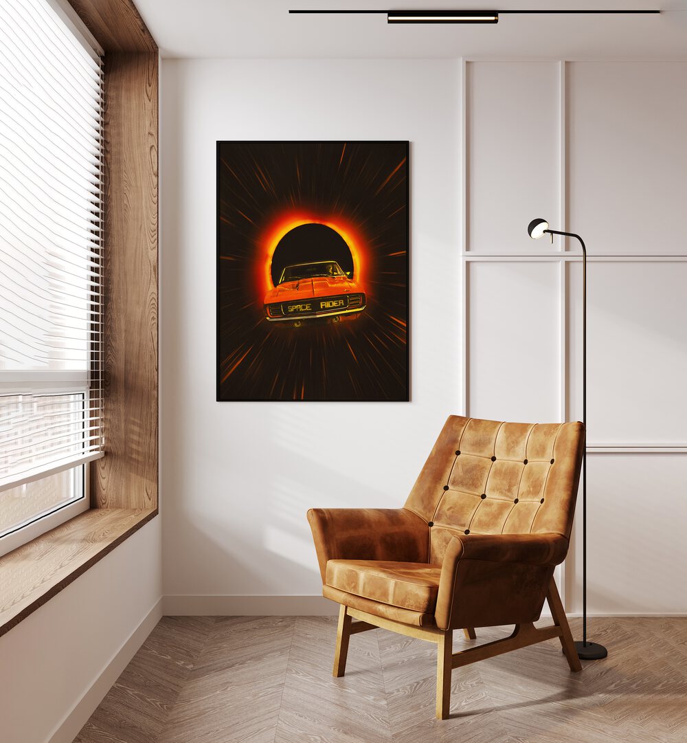 Space Rider Surreal Paintings Surreal Art Prints in Black Plain Frame placed on a Cream Colored Wall near a Brown Sofa Chair in the Drawing Room