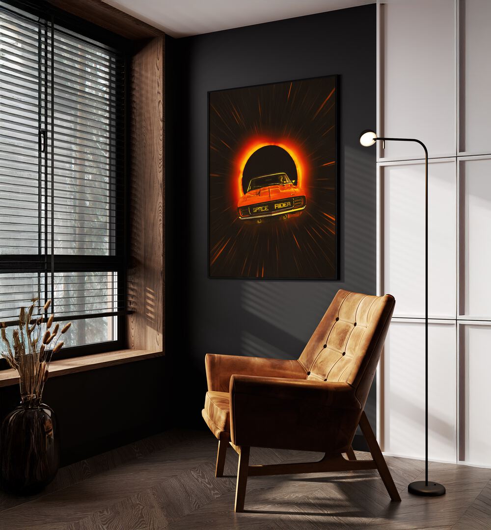 Space Rider Surreal Paintings Surreal Art Prints in Black Plain Frame placed on a Dark Grey Colored Wall near a Brown Sofa Chair in the Drawing Room